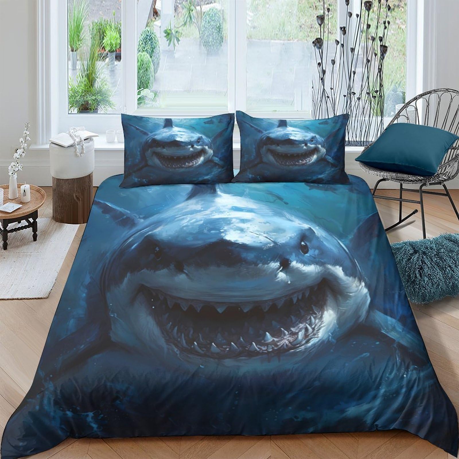 GPLZQXKJNH 3D Printed Shark Ocean Duvet Cover Microfiber Soft Breathable Blue Sea Bedding Set with 2 Pillowcases for Bedroom Single（135x200cm）