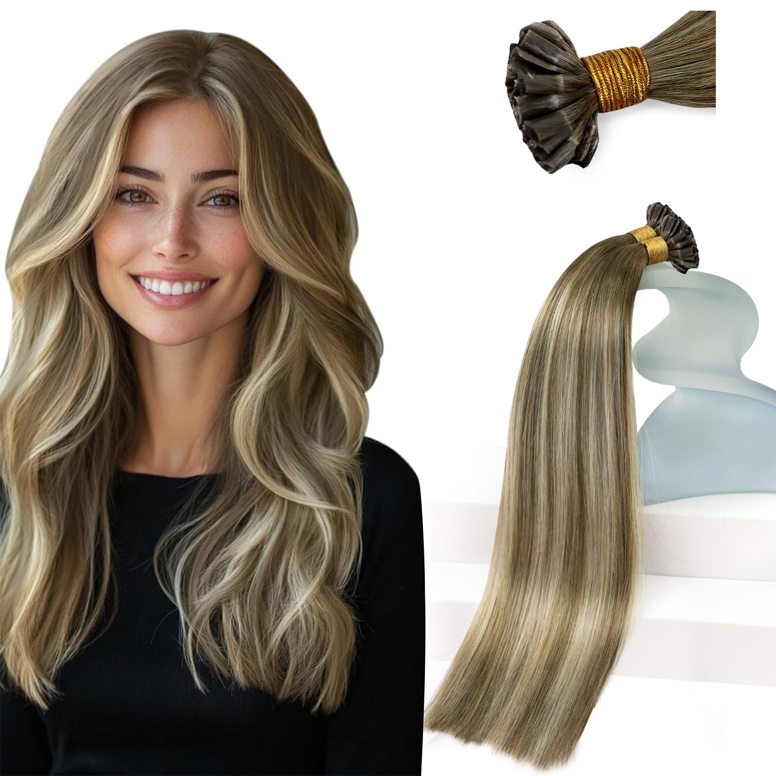 Sunny Hair U Tip Hair Extensions Human Hair for Women Utip Hair Extensions Human Hair Dark Brown Balayage Blonde K Tip Hair Extensions 16inch Keratin
