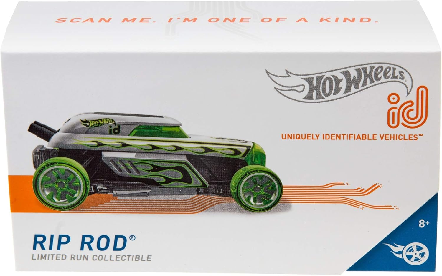 Hot Wheels id Rip Rod packaging, showing 'SCAN ME. I'M ONE OF A KIND.'