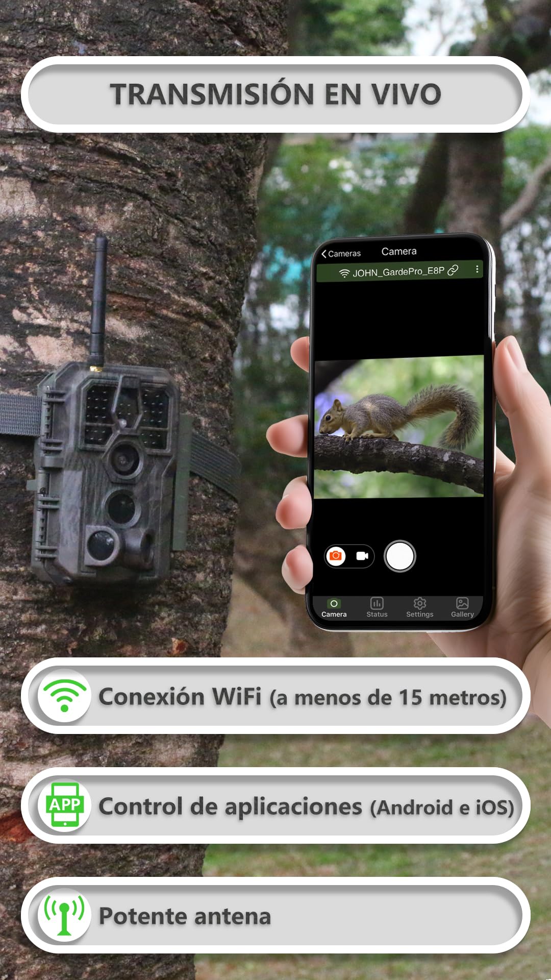 GardePro E8P MAX Cámara de Caza, WiFi, Batería Recargable 8000mAh, Tarjeta SD Incorporada, 64MP 1296P, Camara Fototrampeo con Alcance de Visión Nocturna WiFi con 0,1s Tiempo de Activación