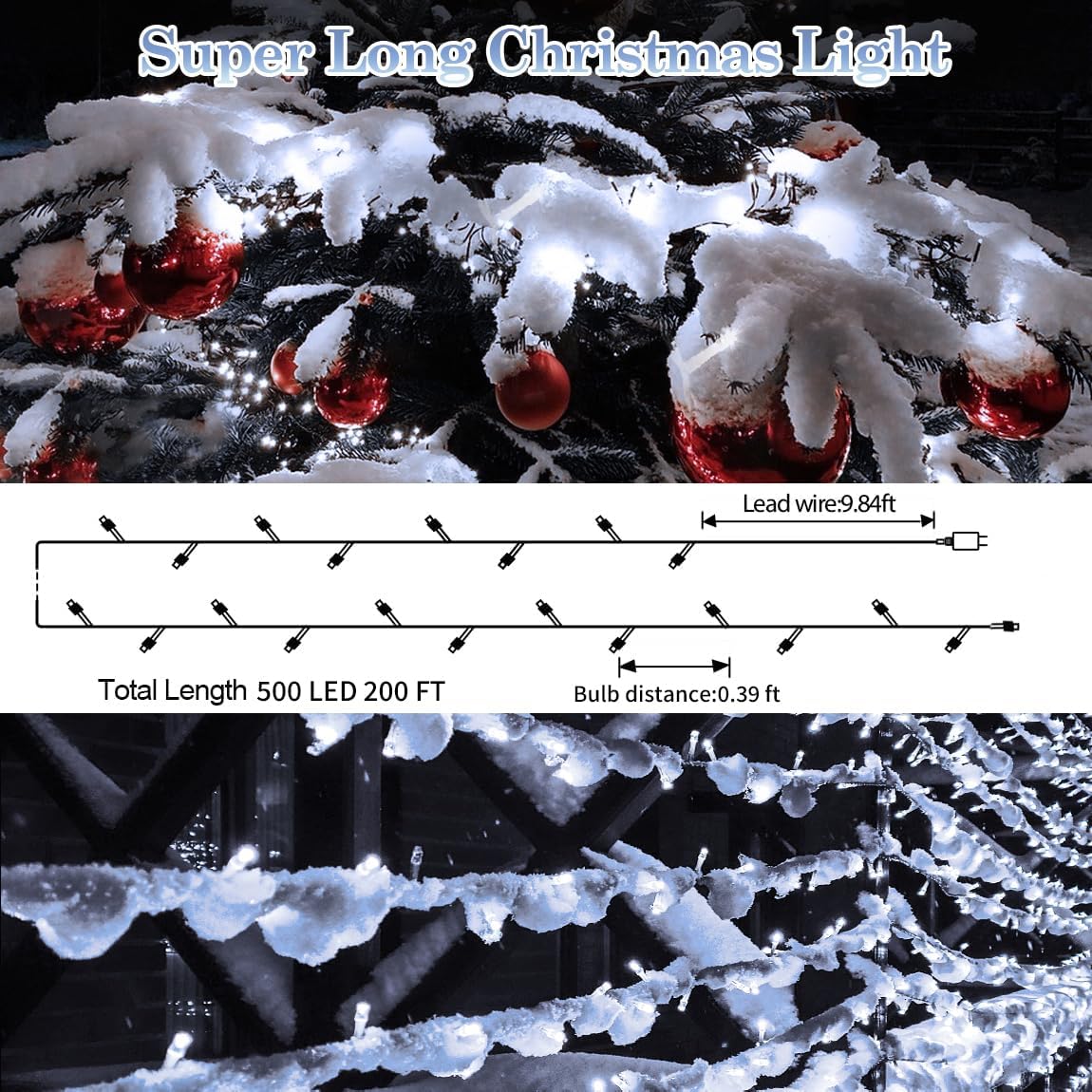 200 FT 500 LED Christmas Lights Outdoor Decorations Super Long Fairy Lights Waterproof 8 Modes Timer Clear Wire String Lights for Outside House Tree Patio Yard Wedding Party Holiday-Cool White