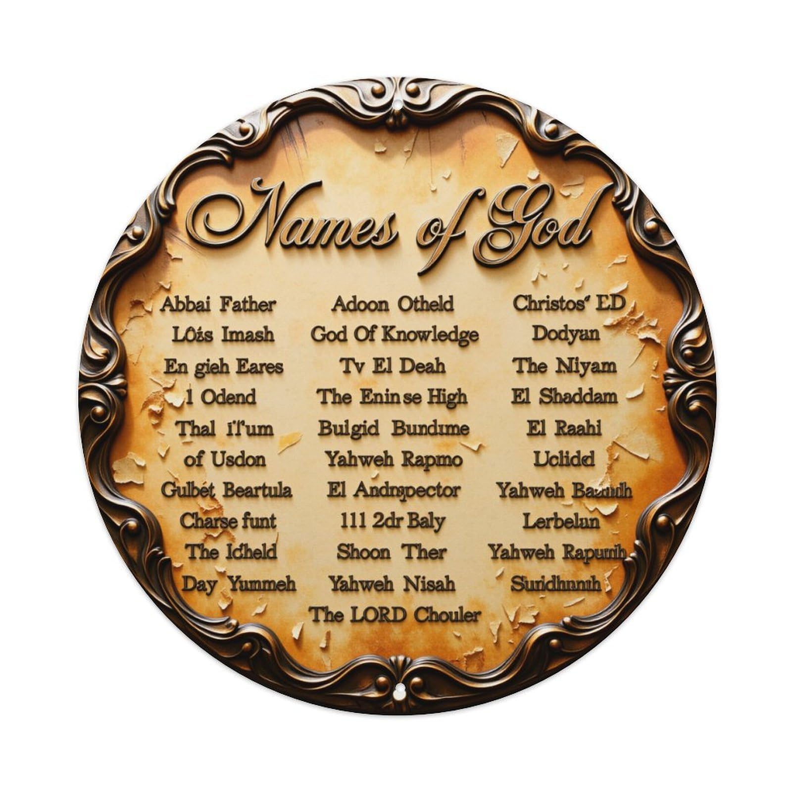 Names Of God Plaque Design Round Tin Sign Vintage Metal Poster, Home Bar Garage Man Cave Cafe Indoor & Outdoor Wall Decoration 8x8Inches