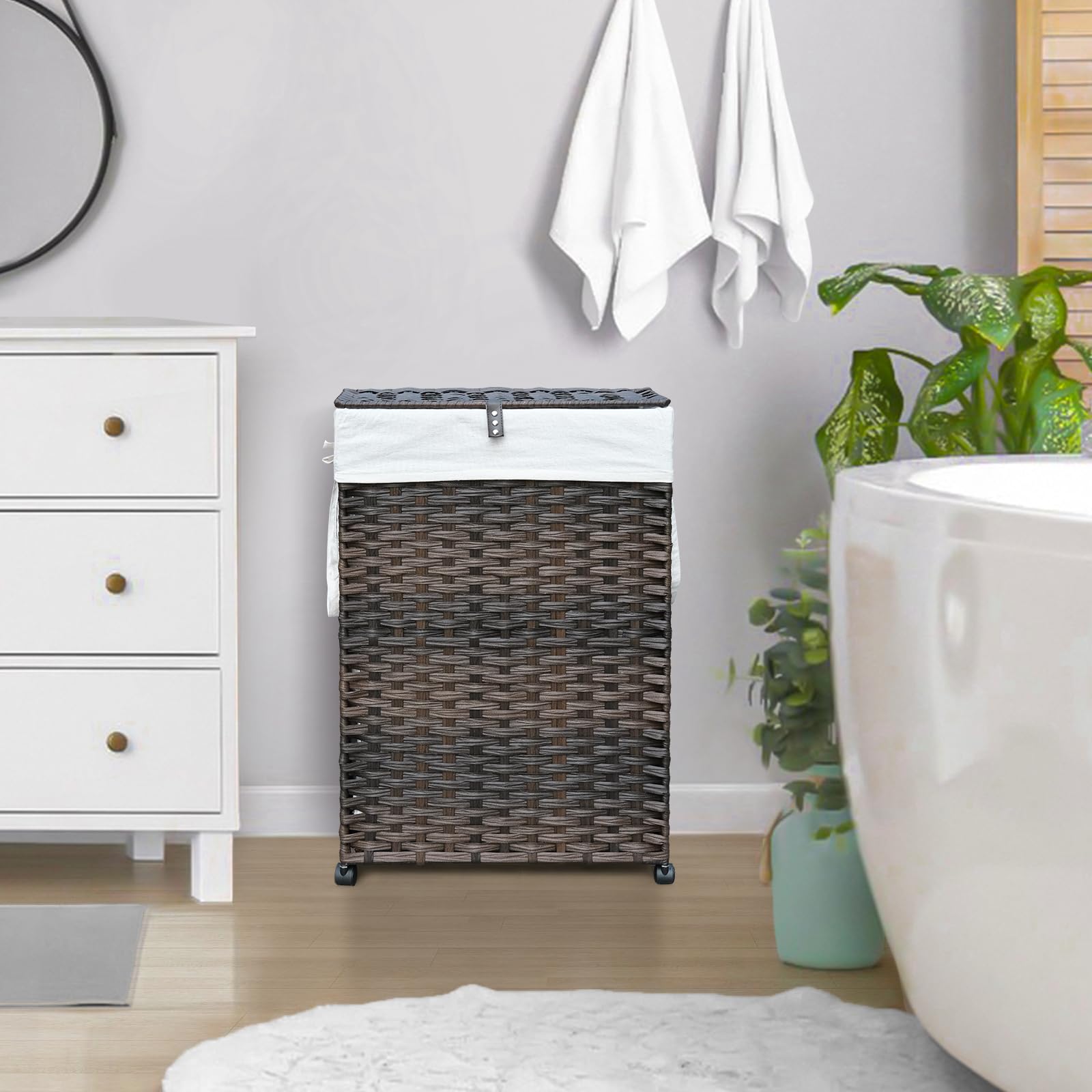 70L Slim Laundry Hamper with Lid & Wheels, 2-teiliger Rollwäschekorb mit 4 herausnehmbaren Auskleidungsbeuteln & 3 Netztaschen, schmaler schmutziger Wäschekorb, faltbarer handgewebter