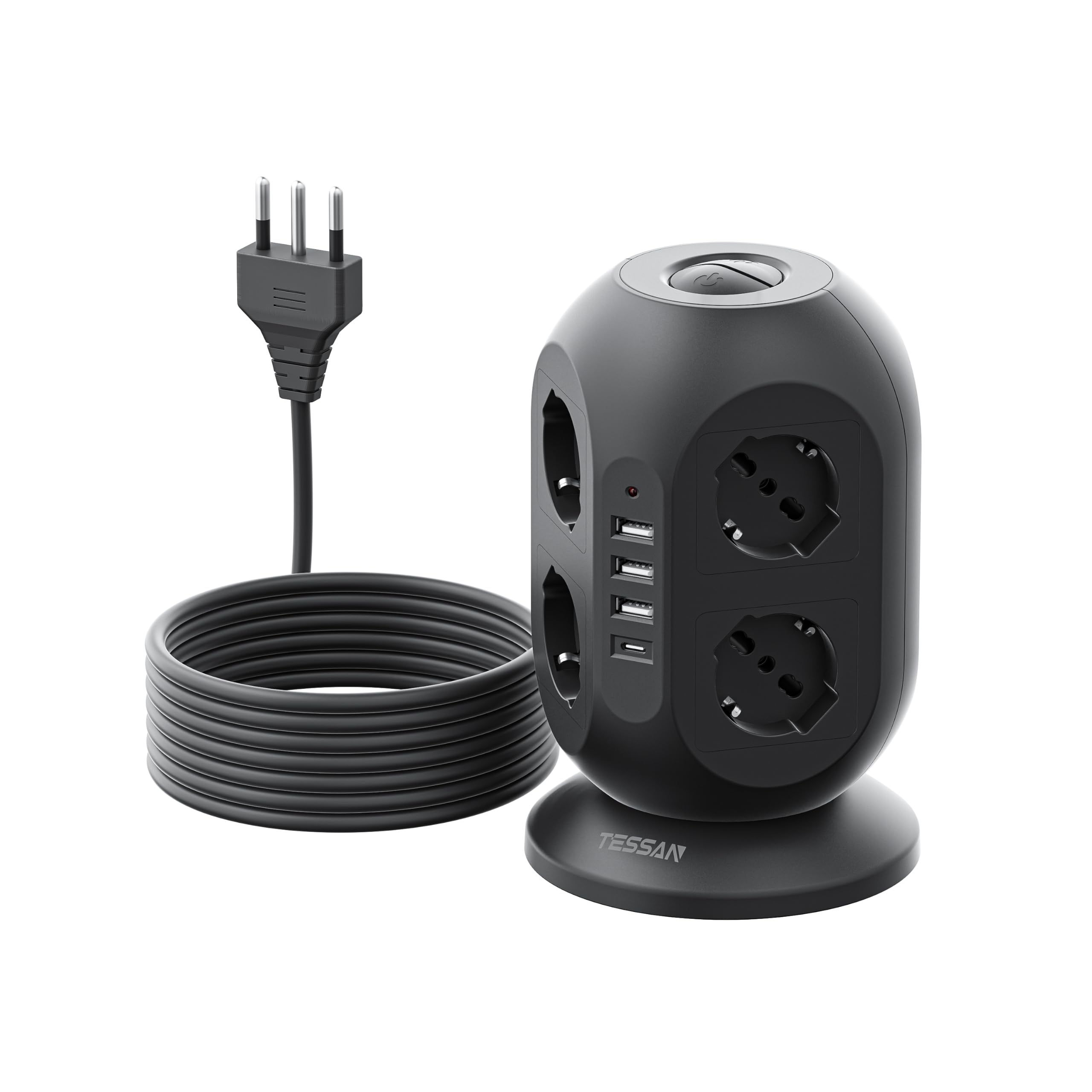 TESSAN Bloc Multiprise 8 Schuko avec 4 USB, Noir