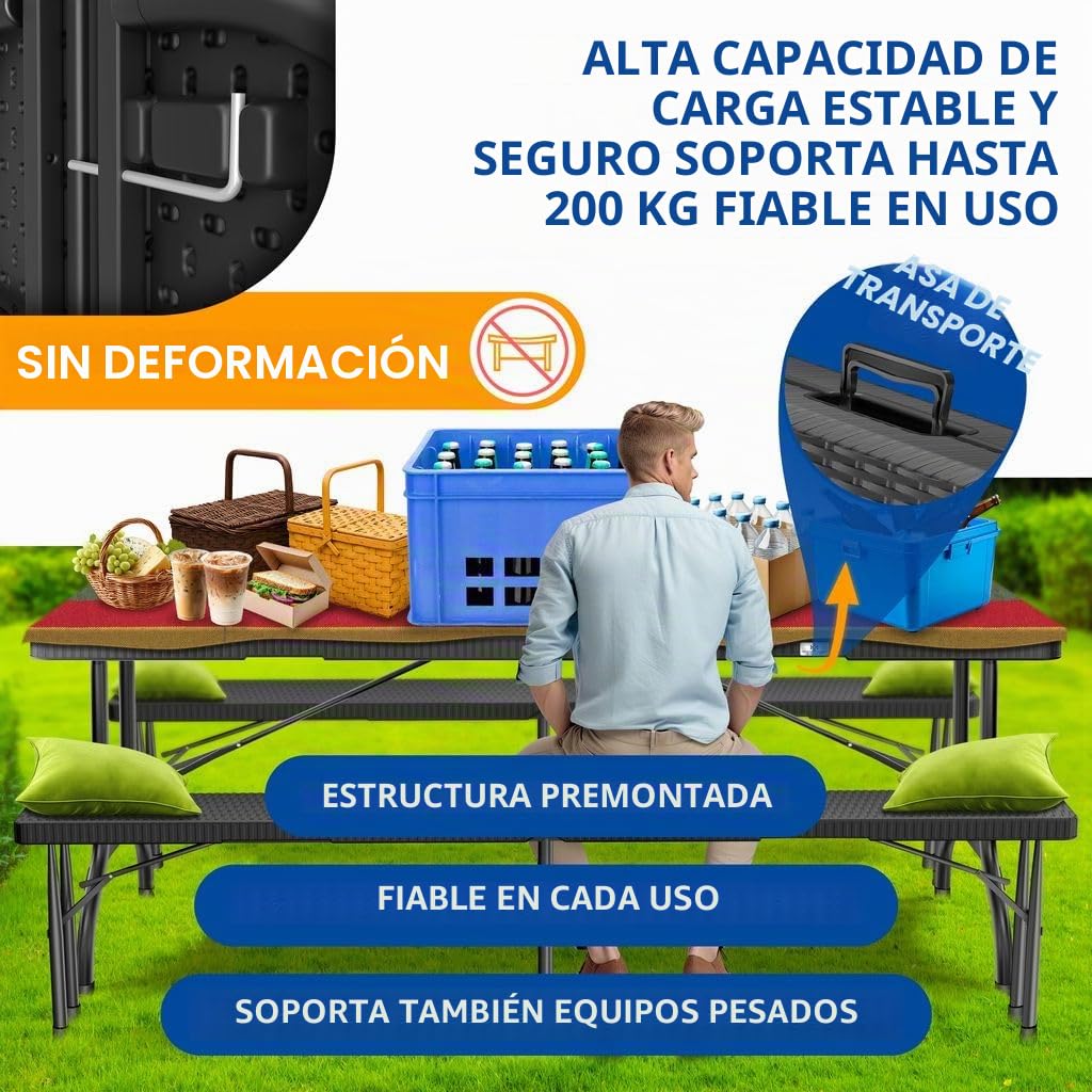 KESSER® Mesa Buffet Plegable de plástico 180 x 75 cm con Aspecto de ratán, Mesa de Fiesta, de jardín para terraza y balcón 6 Personas Incl. asa de Transporte, Antracita