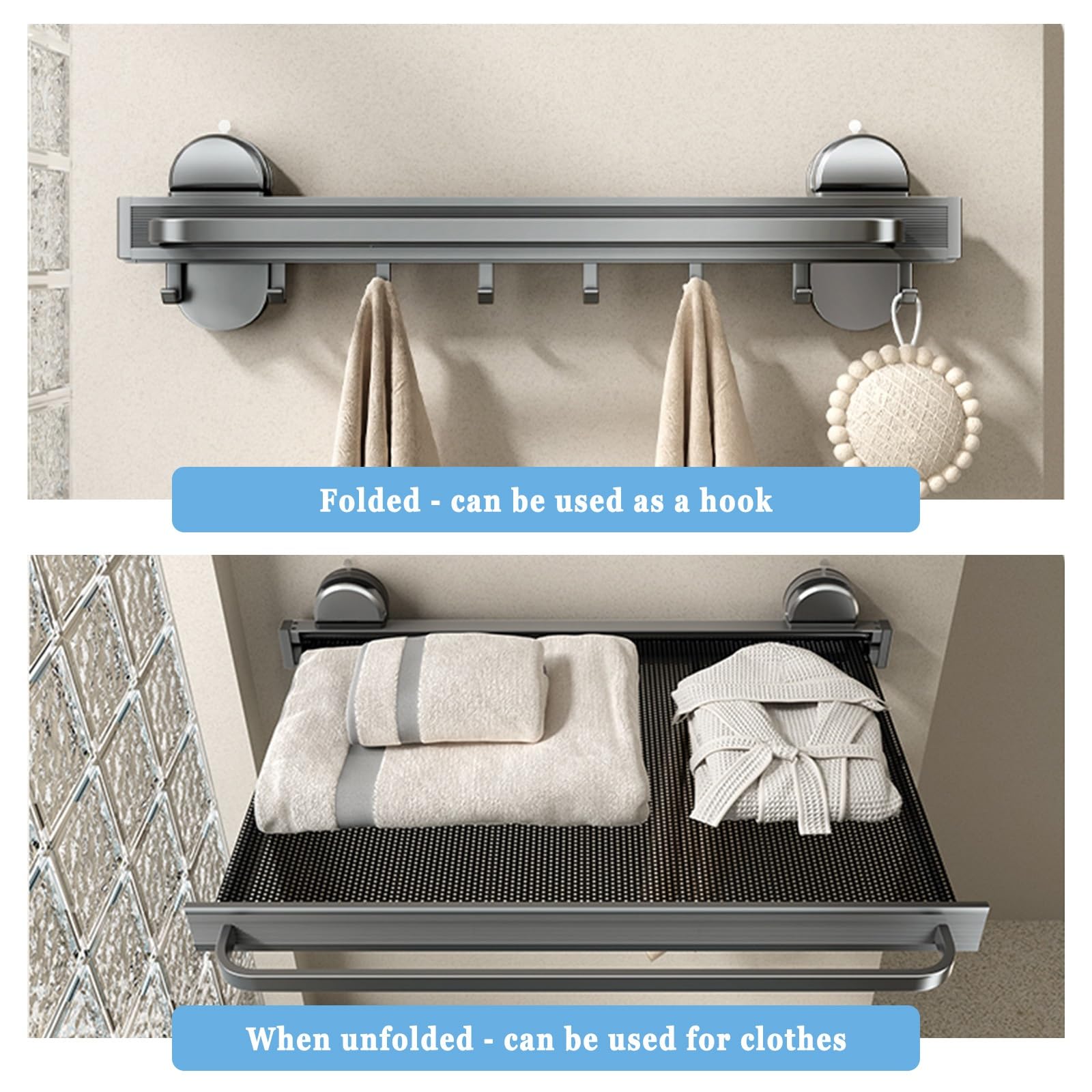 Wand-Saugnapf Unsichtbarer Wäscheständer, Wäscheständer Wand Ausziehbar, Mit Trockenstab, Hohes Volumen Platzsparend, Für Innenund Außenbereich, Schuhe, Socken, Wand Wäscheständer Mit Haken(44cm/17.3i