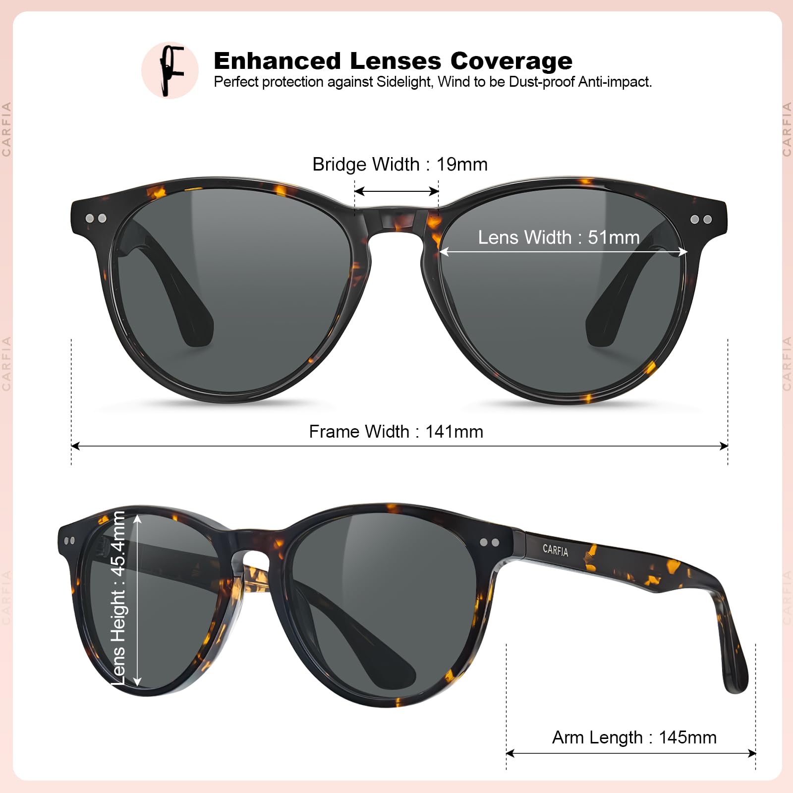 Carfia Damskie okulary przeciwsłoneczne w stylu vintage spolaryzowane UV400 ochrona twarzy małe okulary przeciwsłoneczne octanowe CA5286