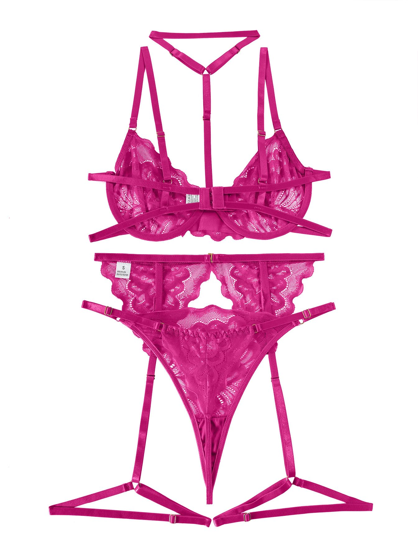 Lilosy Sexy Choker Floral Lace Scallop Sheer Underwire Push Up Garter Belt Lingerie Set 3 Piece: Lilosy Sexy Choker Floral Lace Underwire Push Up Garter Belt Lingerie Set for Women Sheer Bra and Panty 3 Piece