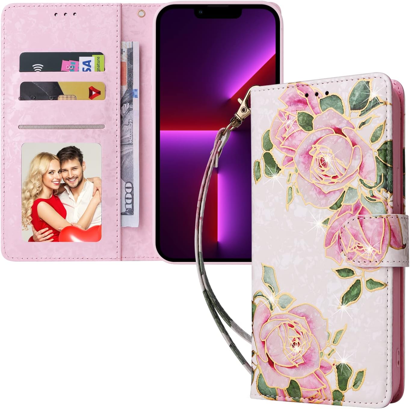 Floral Mobile Phone Case for iPhone 13 Pro Flip Case with Wrist Strap