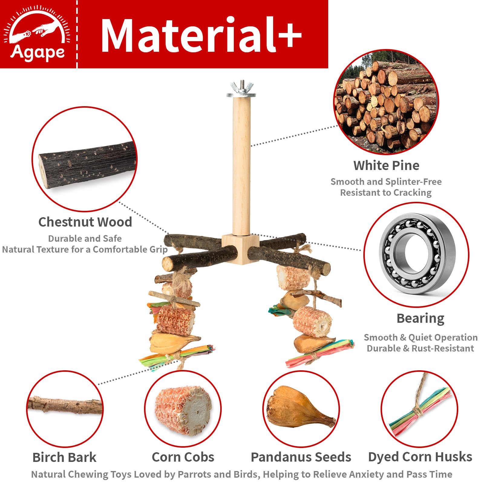 Agape Rotating Parrot Perch Toy with Chew Toy, Natural Wooden Perch Stand for Small & Medium Birds, Bird Cage Accessory with Exercise Wheel for Parakeets Cockatiels Lovebirds Conures Finches Budgies - image 4