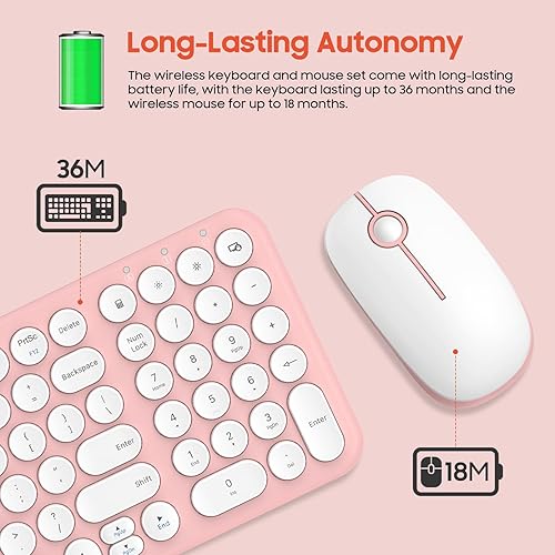 Miniatura 7 de XTREMTEC - Combo de teclado y mouse inalámbricos, lindo y compacto, tamaño rosa, retro, redondo, ultra delgado, silencioso, 2.4 GHz, retro, kawaii,