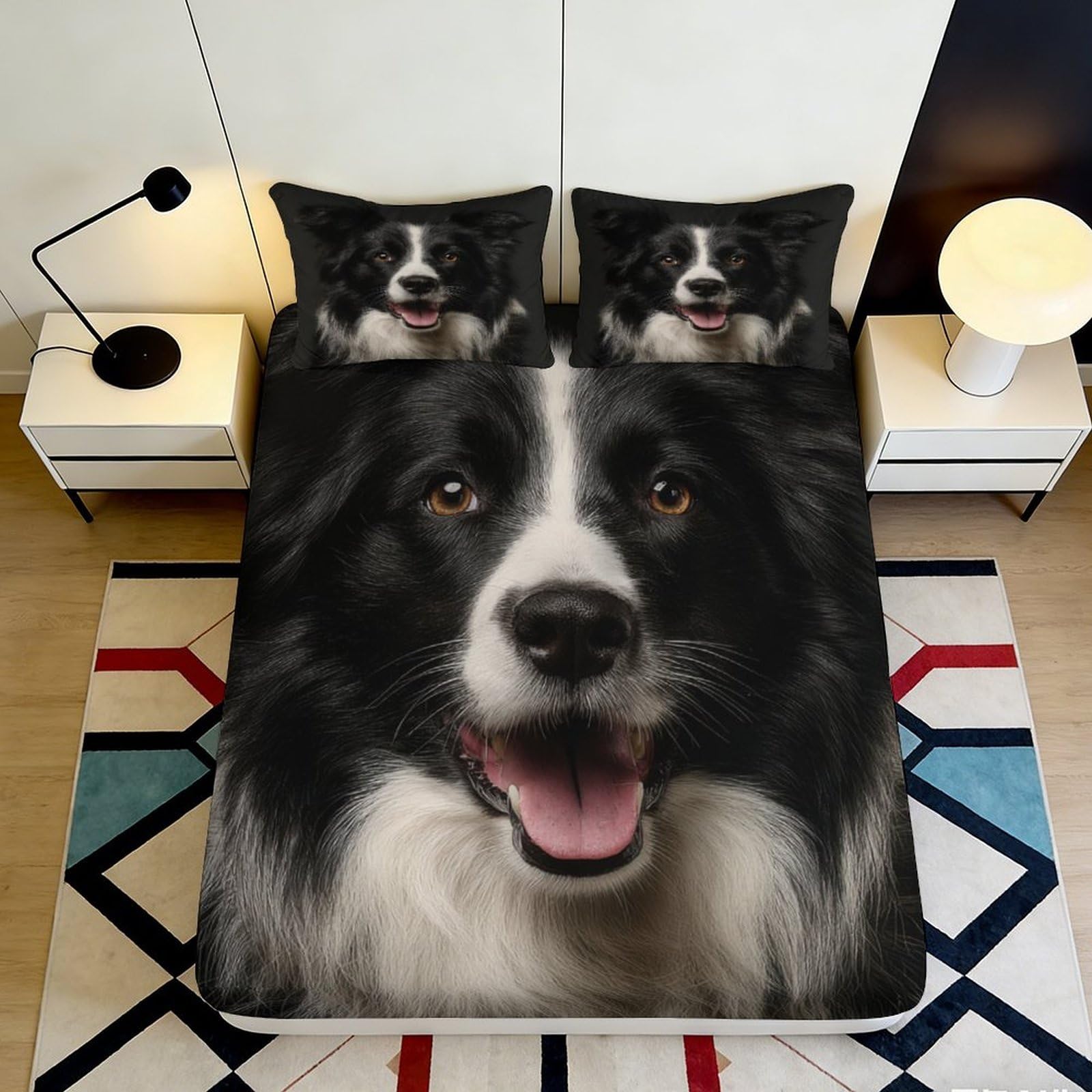 3D Printed Border Collie Fitted Sheet Microfiber Soft Black White Dog Bed Cover for Bedroom Guest Room Decor 90x200x25cm