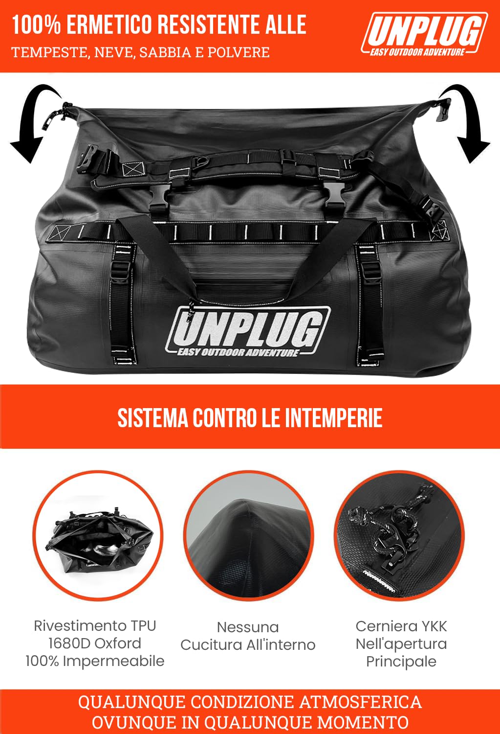 UNPLUG Ultimate Adventure Bag -1680D Borsone Impermeabili Da Viaggio per il Campeggio, Borsa asciutta per moto, Borse impermeabili per la nautica, Zaino impermeabile, Borsa tattica