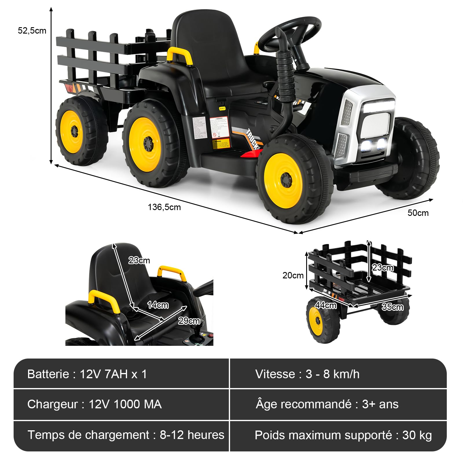 DREAMADE Tracteur Électrique Enfant 3+ Ans avec Remorque Tractopelle 12V Enfant Charge 30KG Tracteur à Pédales avec Télécommande&Musique&Lumières LED&Klaxon (Noir