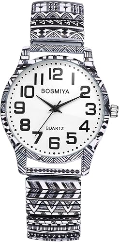 JewelryWe Relojes de banda elástica para mujer reloj de pulsera analógico de cuarzo analógico de fácil lectura, banda de expansión floral casual