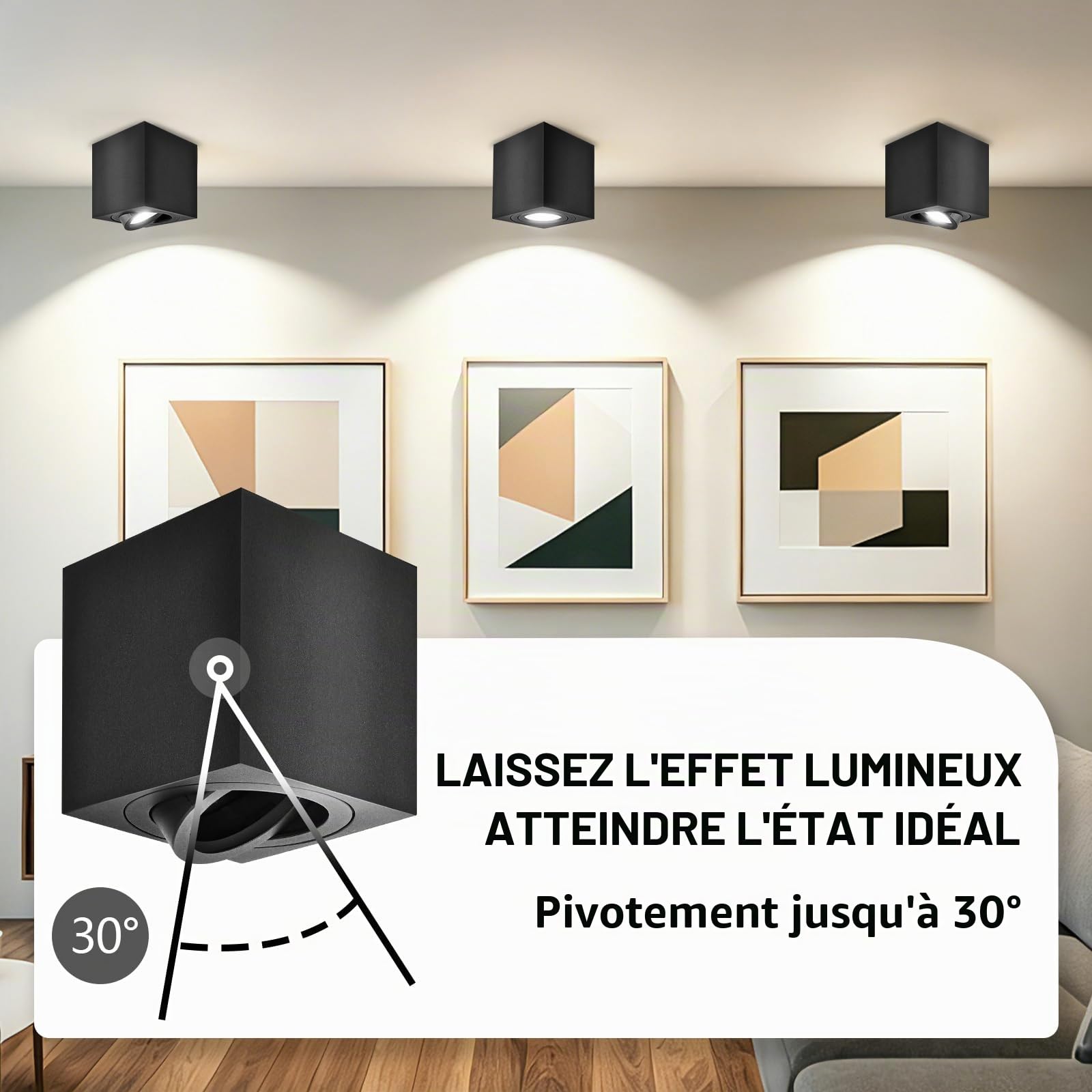 GeyouLux Spots GU10 en Saillie Noir, 80x84mm Spots Plafond Carrés, Orientables 30°, Plafonnier 230V avec Douille GU10, Spots de Surface en Aluminium, Sans Ampoules, 4 Pièces