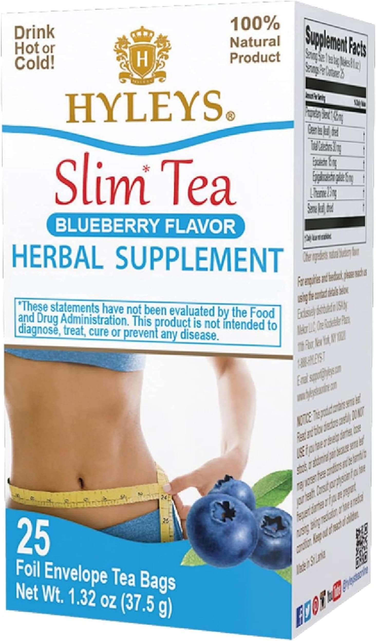 Hyleys Slim Tea Blueberry Flavor - Weight Loss Herbal Supplement Cleanse and Detox - 25 Tea Bags (12 Pack)