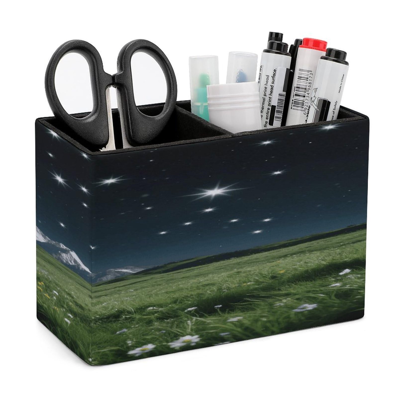 VstaDank Alpine Meadow Stars Pencil Holder for Desk Organizer 2 Compartments Pen Cup Leather Square Pen Holder Pencil Cup Stand Makeup Brush Holders for Desktop Organizer Storage Case