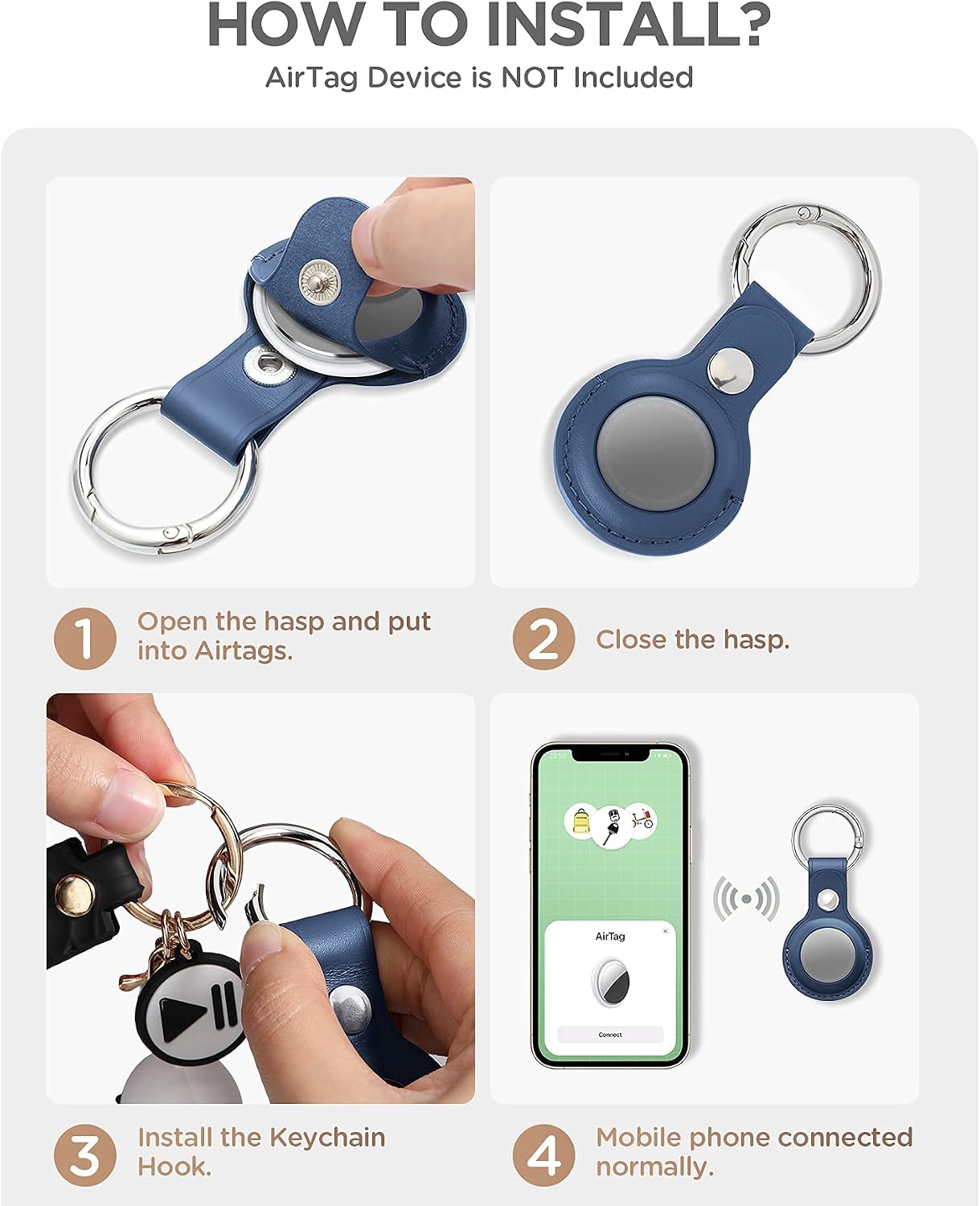 Uneedity AirTags Case [Upgrade Version], Leather AirTags Holder with Anti-Lost Design, Protective AirTag Keychain Accessories for Apple Air Tag Key Ring Tracker, Dog Collar (Pacific Blue)
