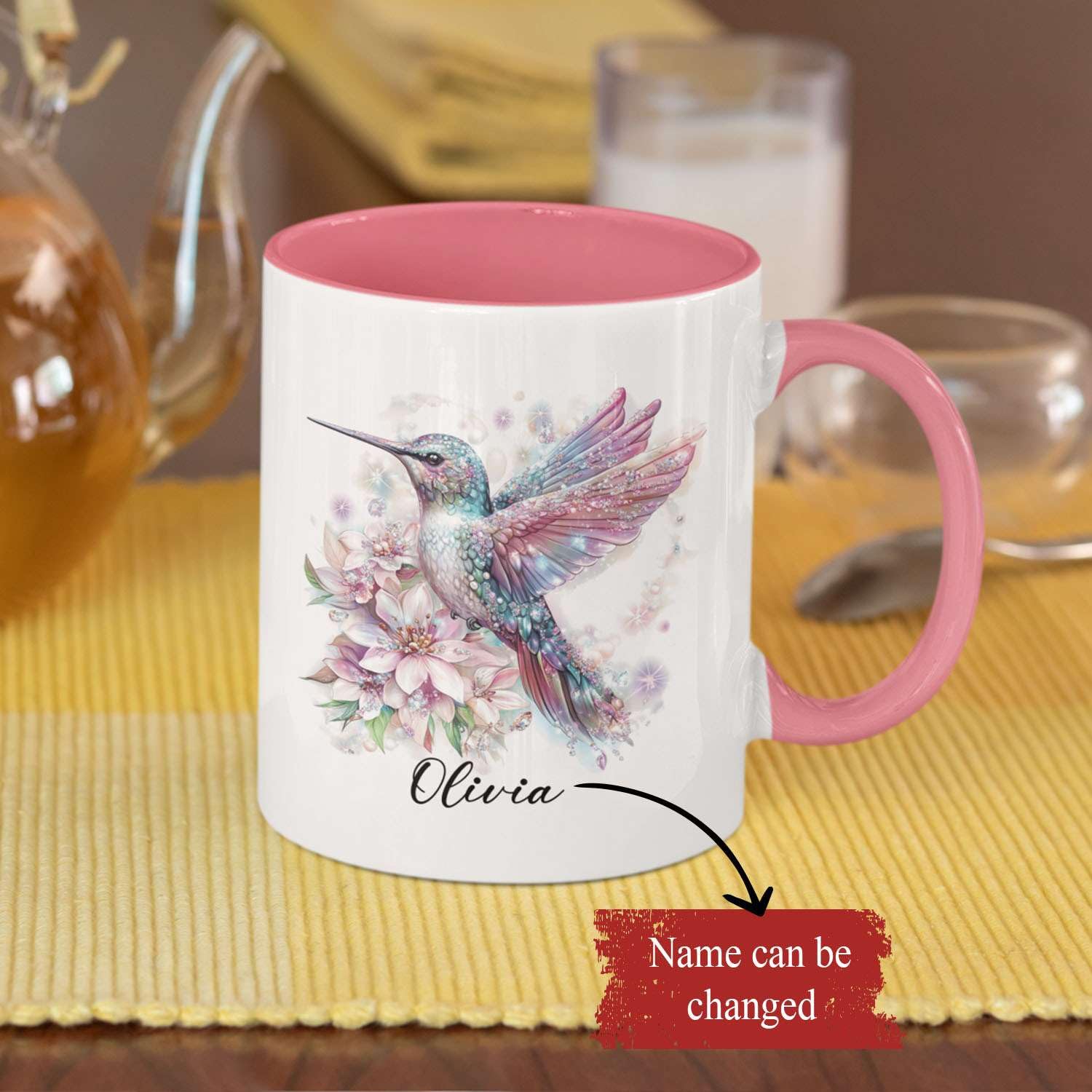 Personalized Ruby-Throated Hummingbird Ceramic Mug - Custom Name, Vintage Floral Design, 11oz Or 15oz - View #4