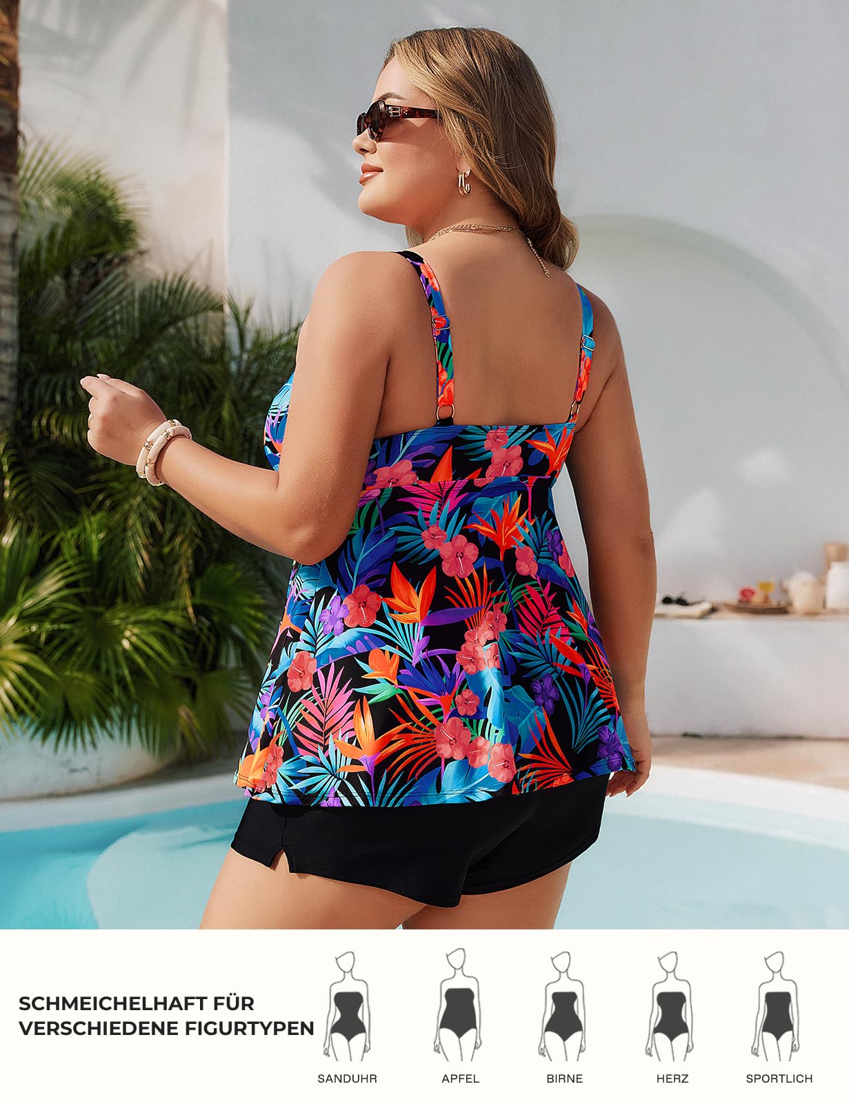 Hanna Nikole Tankini pour femme - Grandes tailles - Taille haute - Deux pièces - Maillot de bain ventre plat - Short de bain avec poches