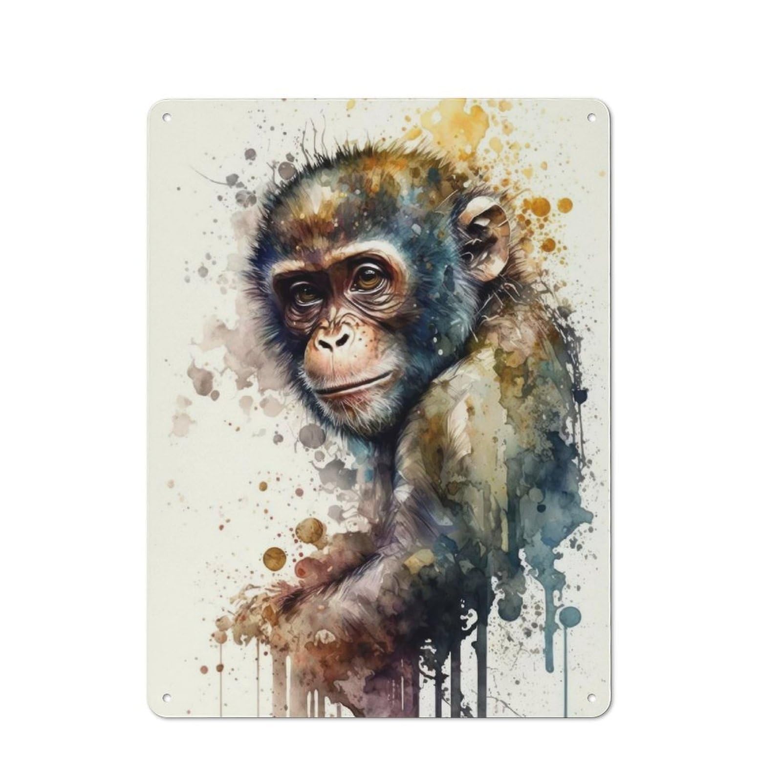 Junmoney Monkey Watercolor Metal Wall Sign With Design 40X30cm, Clean Industrial Studio Wall Art For Loft, Studio, Office Or Creative Room