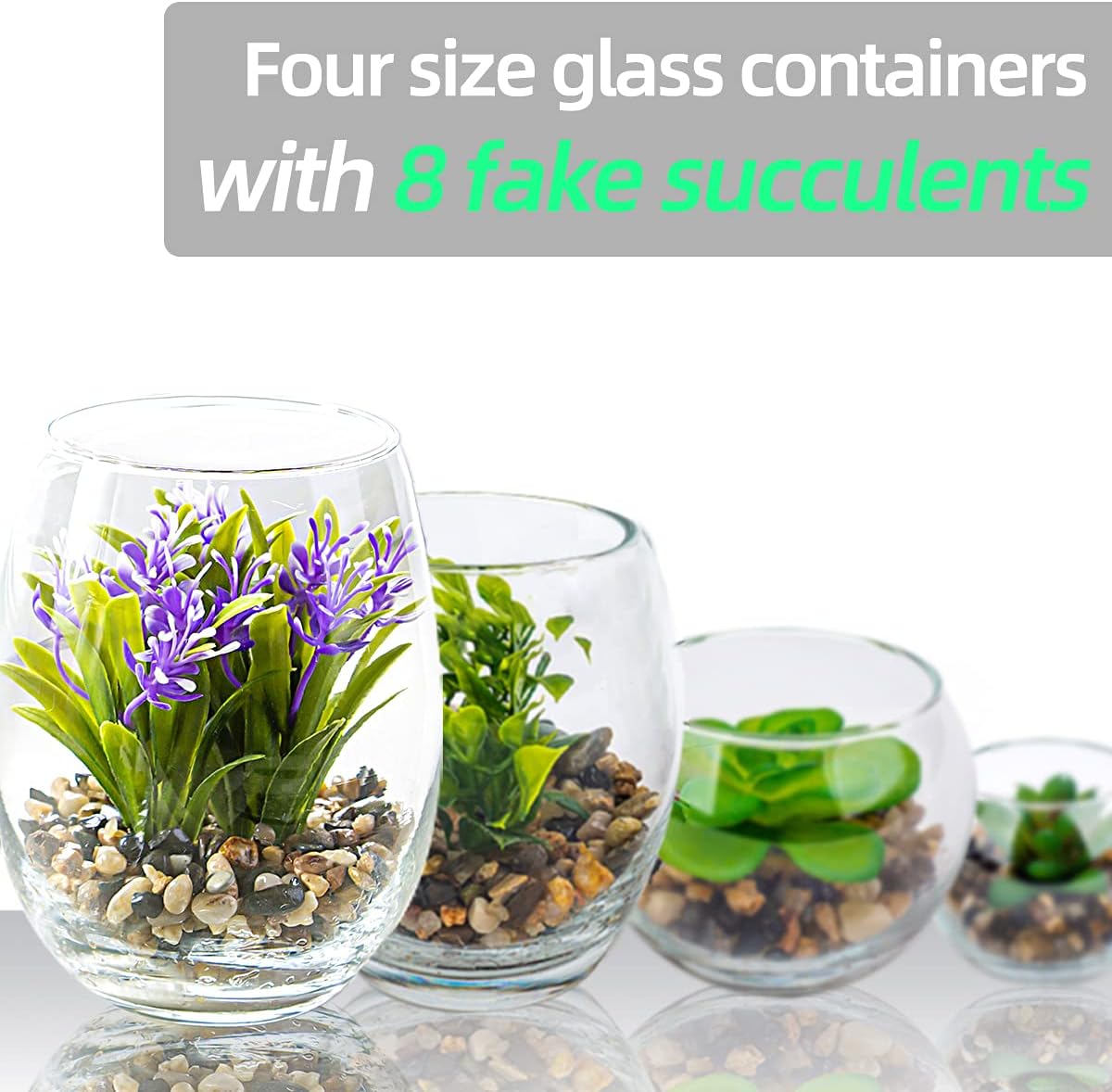 UMEIED Mini Artificial Succulent Plants in Clear Glass Pots, Set of 8 Fake Succulent Plants for Bathroom, Home, Office Decor, Tiny Plant Shelf Decorations