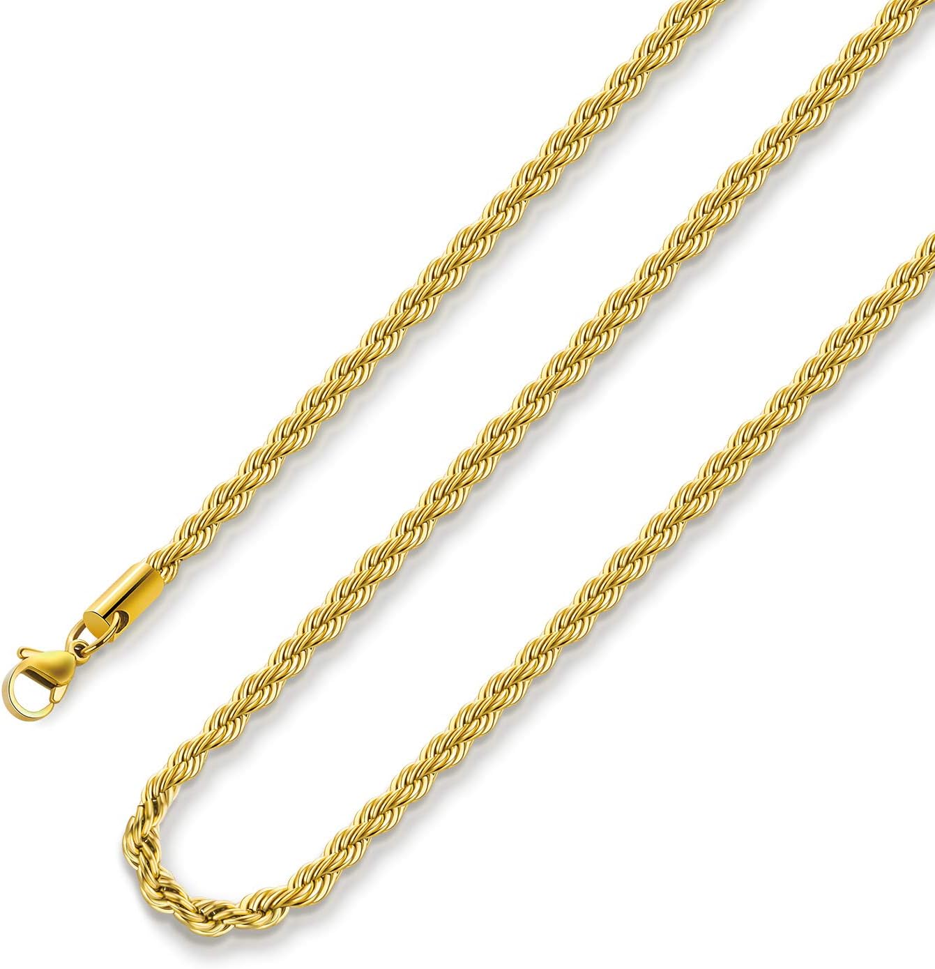 Monily 24k Gold Plated Rope Chain 1.5mm 2.5mm 5mm Stainless Steel Twist Chain Necklace for Men Women