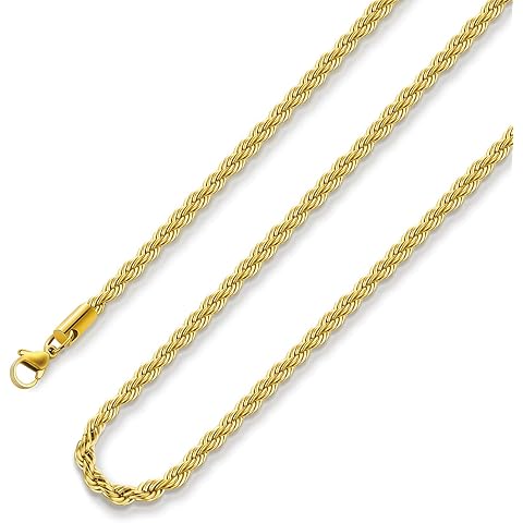 18k Real Gold Plated Rope Chain 1.5mm 2.5mm 5mm Stainless Steel Twist Chain Necklace for Men Women 16 Inches 36 Inches