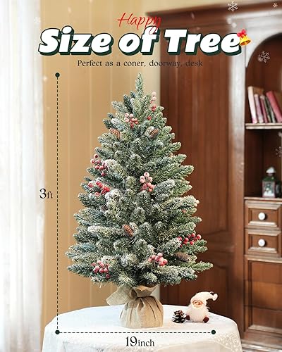 Miniatura 10 de Árbol de Navidad preiluminado de mesa de 2 pies con estrella de árbol, luces LED transparentes, Navidad artificial con base de arpillera para mesa,