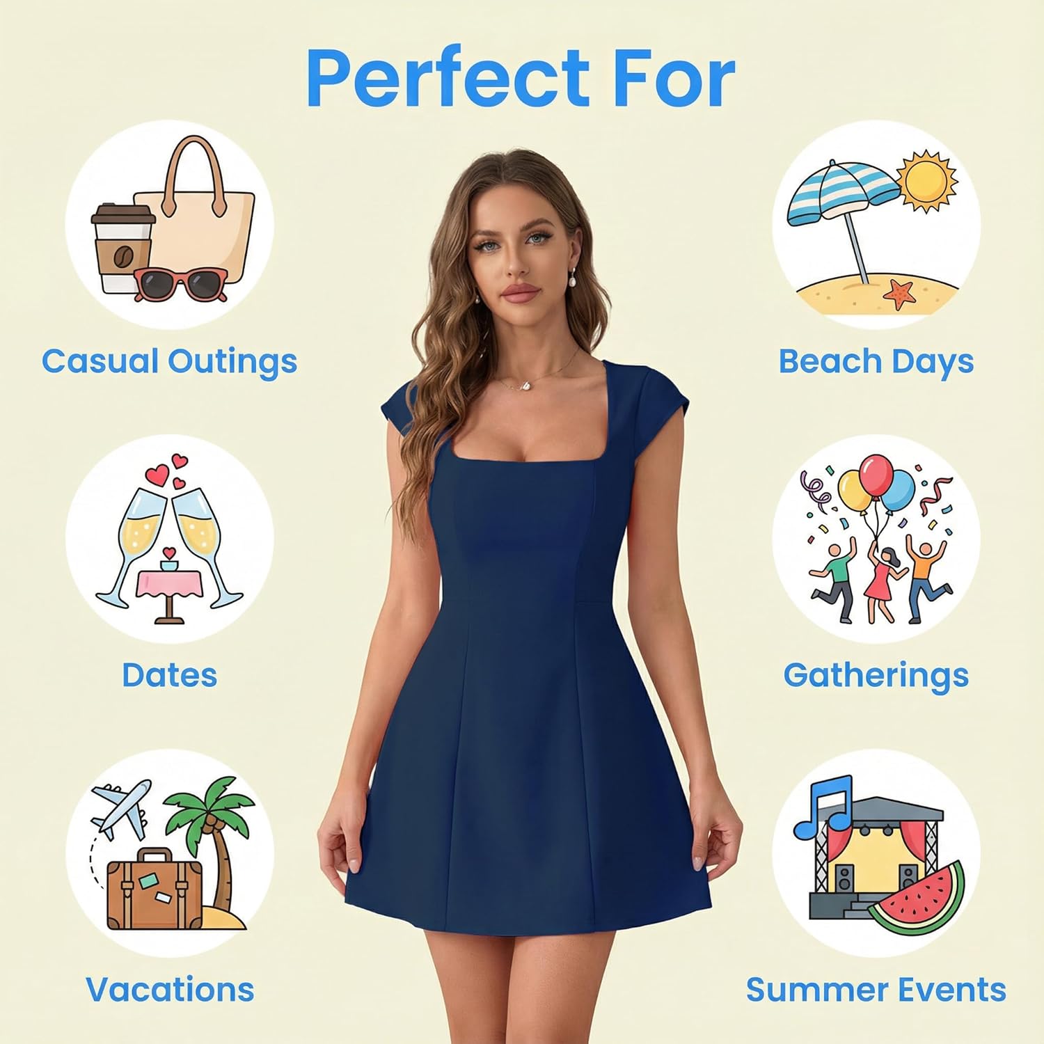 Women’s Elegant Square Neck Mini Dress Short Sleeve Flowy A-Line Summer Casual Beach Party Dresses - Image 6