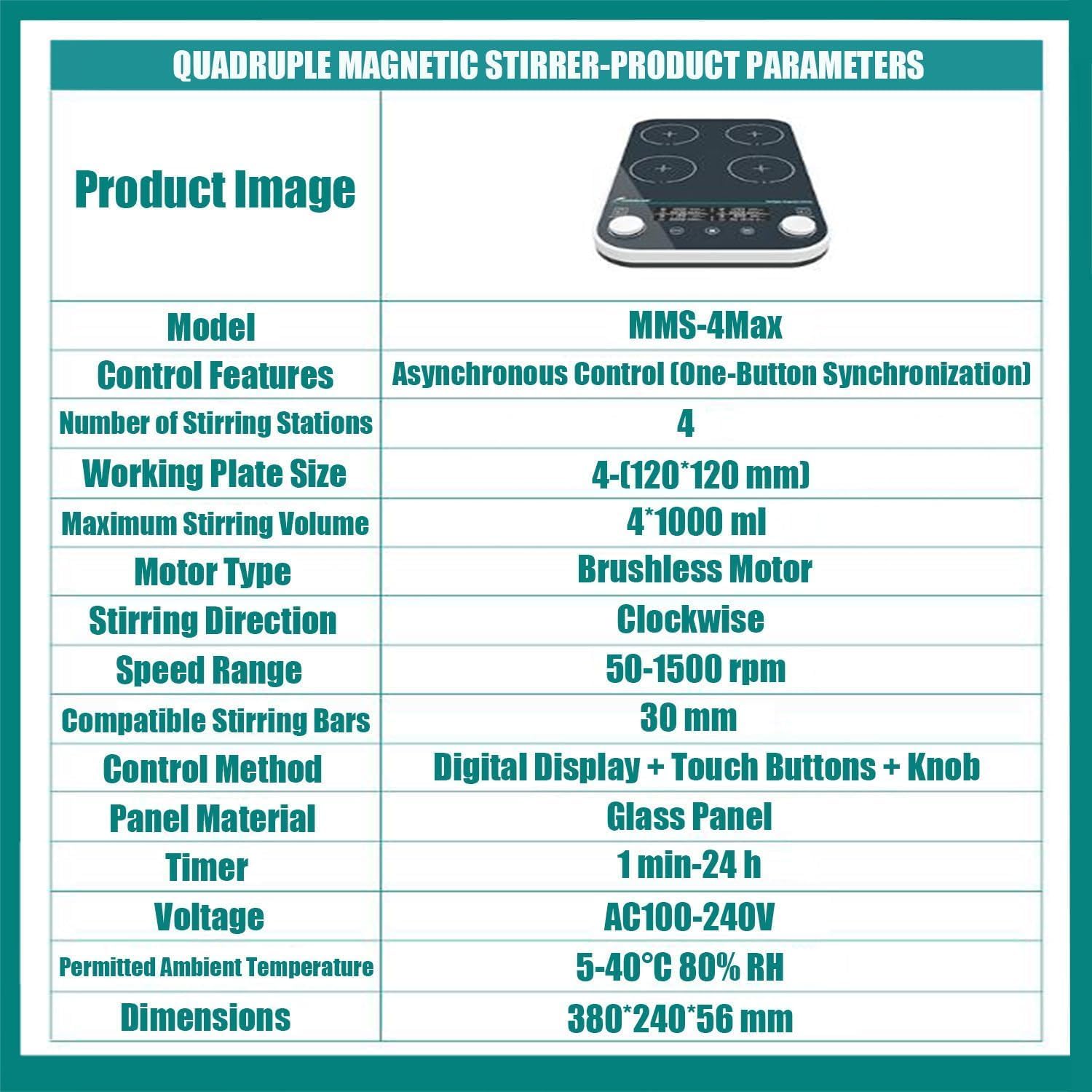 Agitatore magnetico digitale LCD 4x1000ml, 50-1500RPM, timer 1min-24h, agitatore multi posizione laboratorio per ricerca scientifica
