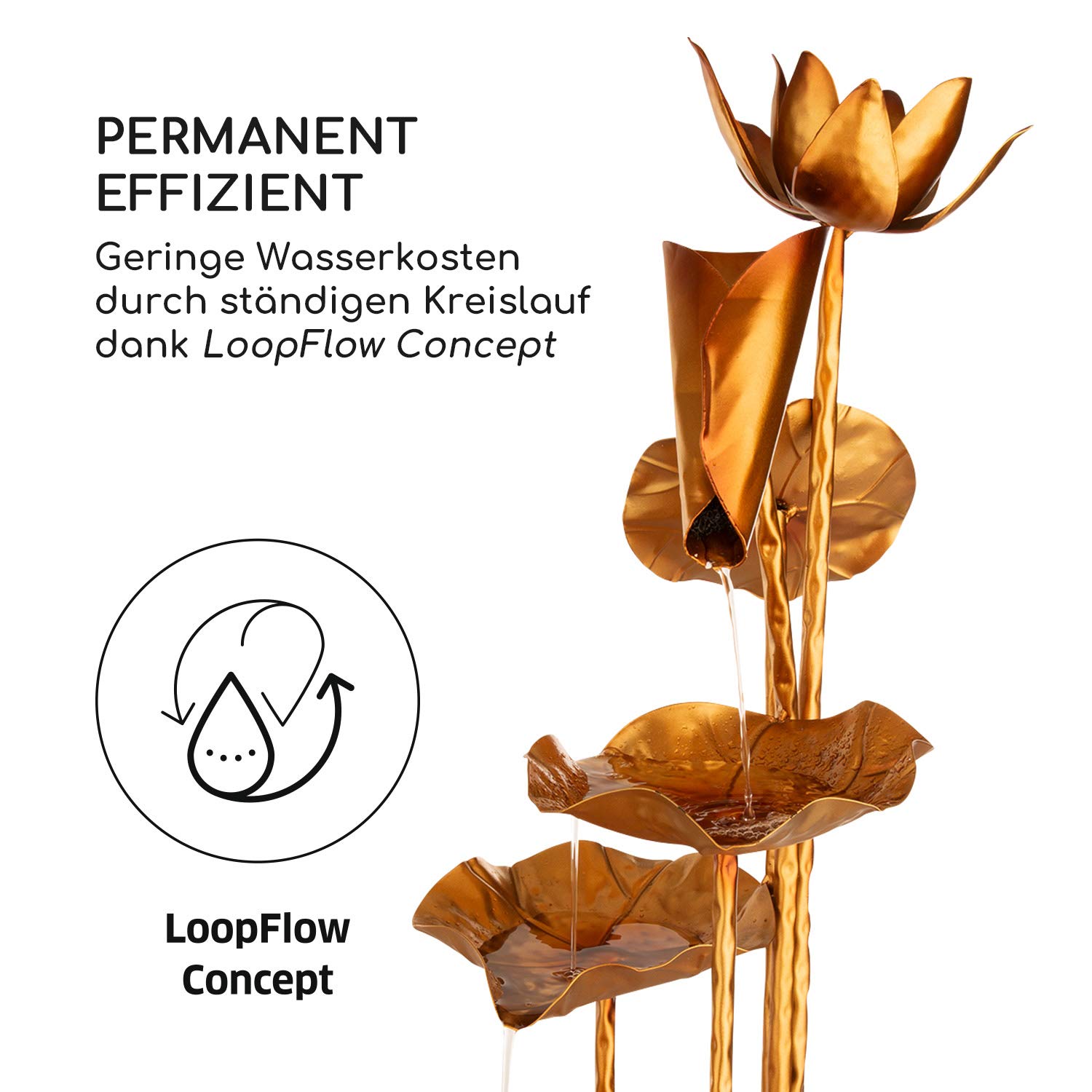 Blumfeldt Golden Orchid Fuente para Exteriores e Interiores - Circulación Continua del Agua en Circuito Cerrado, Bomba de 5 W de Potencia, Protección IPX8, Metal zincado, Estética de latón
