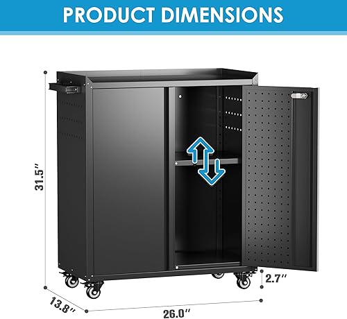Miniatura 2 de SUXXAN Armario de almacenamiento de metal con ruedas, armario de almacenamiento móvil con 2 puertas y estantes ajustables, tablero de clavijas y 4
