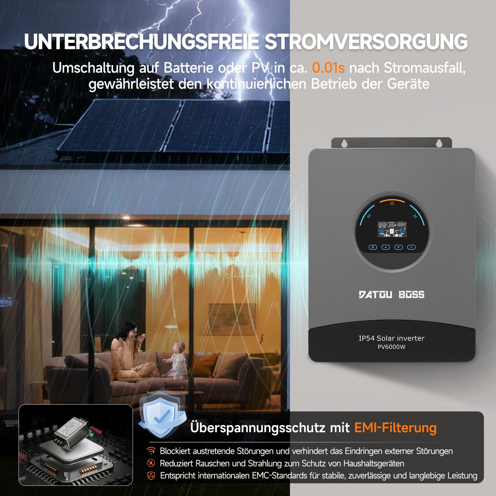 DATOUBOSS 6000W Hybrid Solar Wechselrichter 48V, Reiner Sinus, integrierter 120A MPPT, Blitz- und Wasserschutz, batterieloser Start, für Off-Grid Solarstrom (48V 6000W)