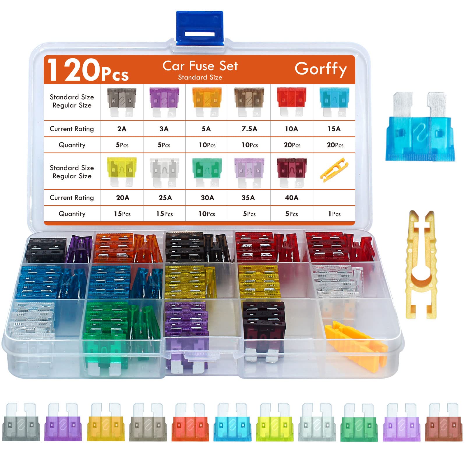 Car Fuses Assorted, 120Pcs Standard Blade Car Fuse 2A 3A 5A 7.5A 10A 15A 20A 25A 30A 40A with Storage Case and Fuse Extrator for Automotive ATM/ATC/ATO