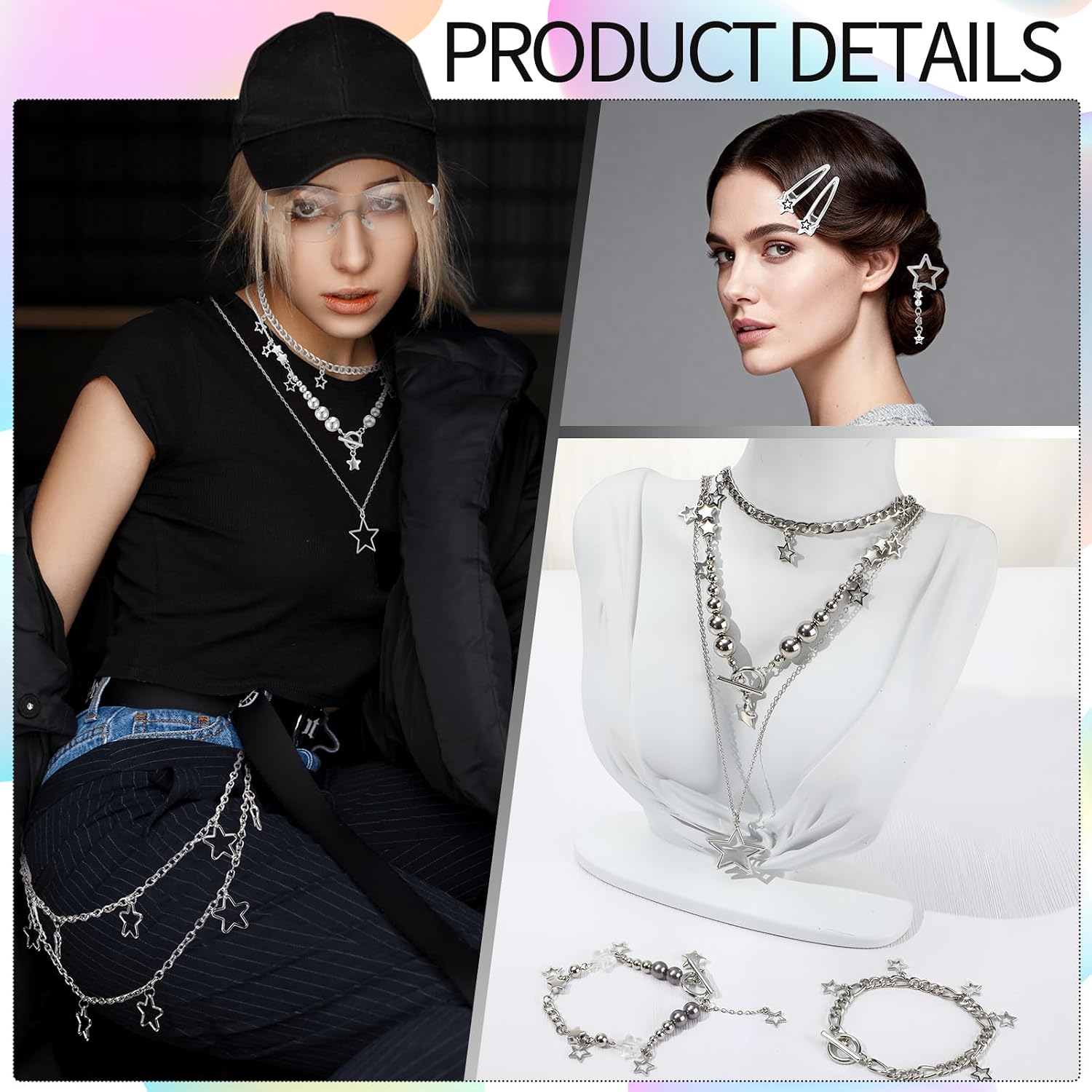 6PCS Jewelry Set with Y2K Leg Warmers for Women,Star Grunge Layered Necklace,Bracelets,Hip Hop Pants Chain,Y2K Sunglasses,Star Hair Clip Vintage Jewelry Set for Women