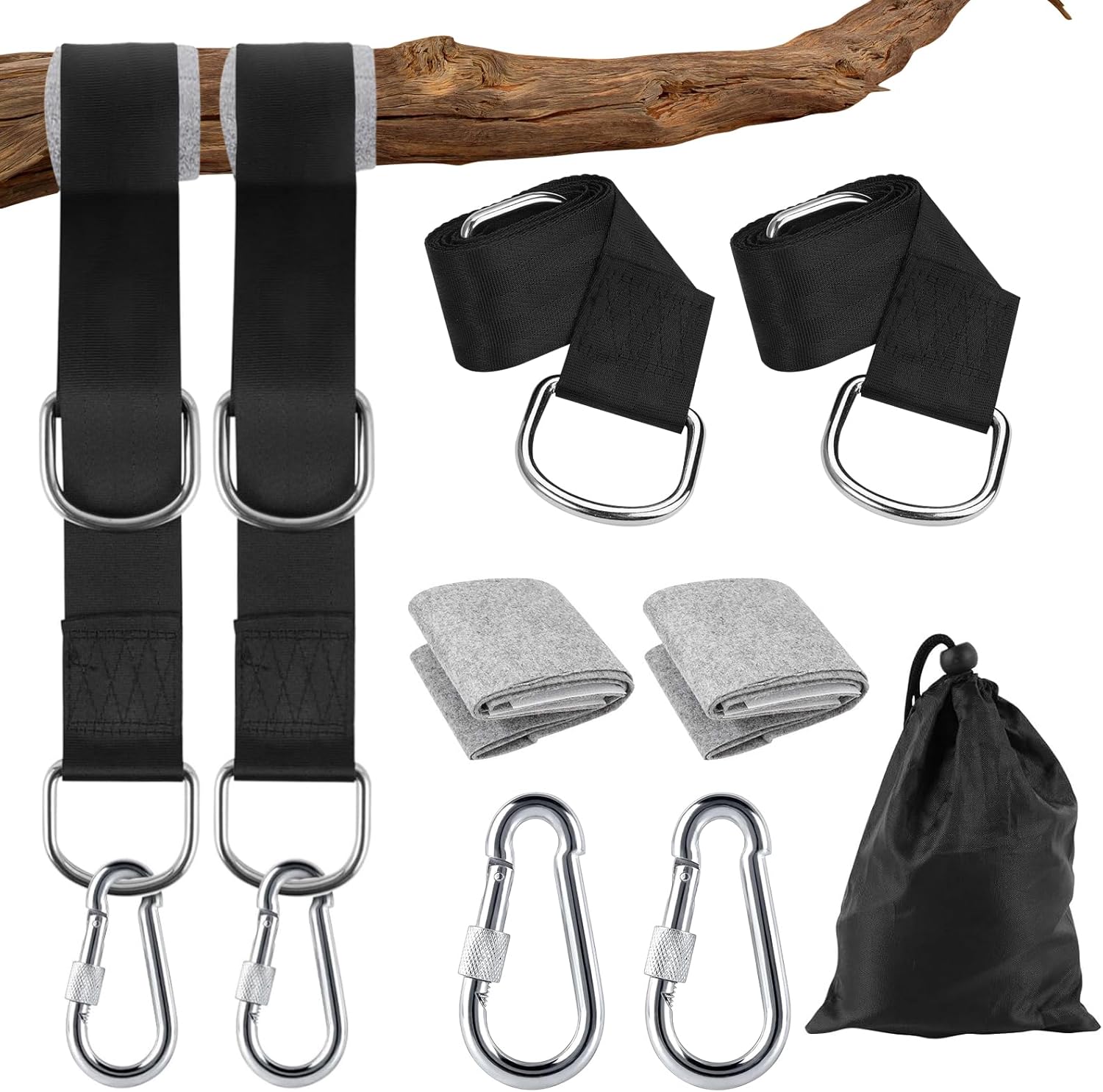 Jinsion Set of two Swing Attachment Package, 1.5 m Hammock Straps with 2 Heavy Responsibility Carabiners, 2 Tree Safety Pads and 1 Storage Bag, Swing Hanging Chair Suspension Strap Attachment Set