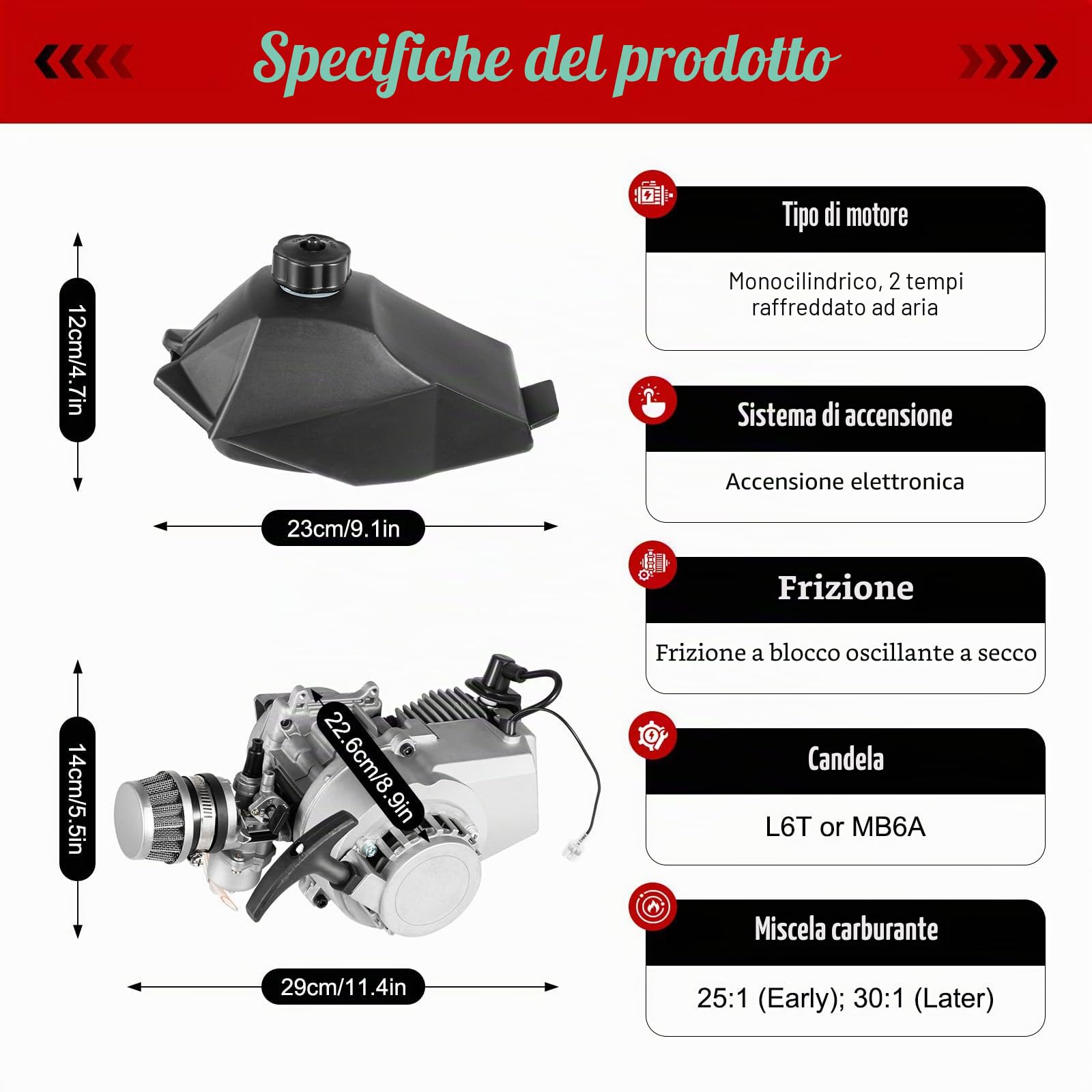 Kit mini motore a 2 tempi, 49 cc, Pull Start + serbatoio del carburante per Pocket Quad Dirt Bike 2 tempi