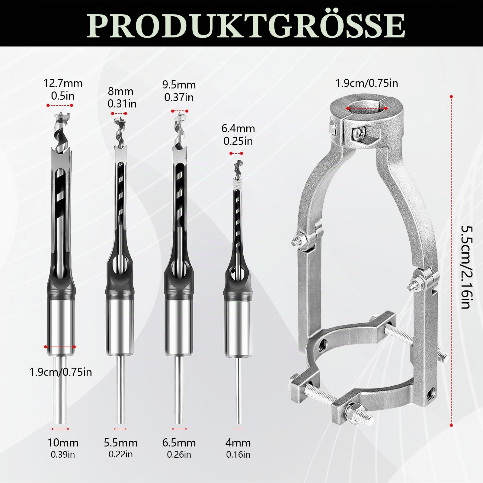 Vierkantbohrer, Ständer für Bohrmaschine mit 4 Vierkantlochbohrer 6,4/8/9,5/12,7 mm Vierkantbohrer Festhalter für Tischbohrmaschine und Handbohrmaschine Square Hole Drill Bit Sets 38-55mm