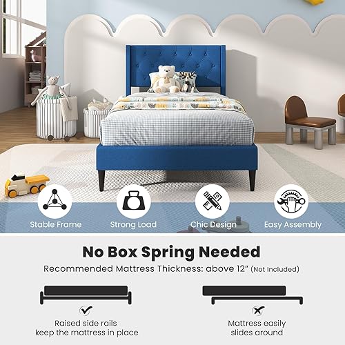 Miniatura 6 de Giantex Base de cama de plataforma de tamaño individual con respaldo de alas, base de cama tapizada de tela con cabecera capitonada con botones y
