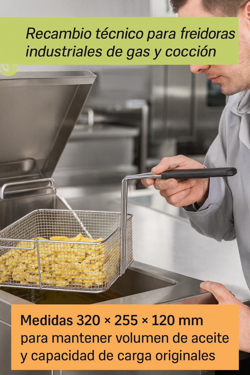 CubetasGastronorm ® Cesta Freidora 320x255x120 Mm Acero Cromado Mango Termoaislado Recambio Industrial compatible con Olis Baron Bartscher Metos Freidoras Gas Coccion Hosteleria Reparacion Hogar
