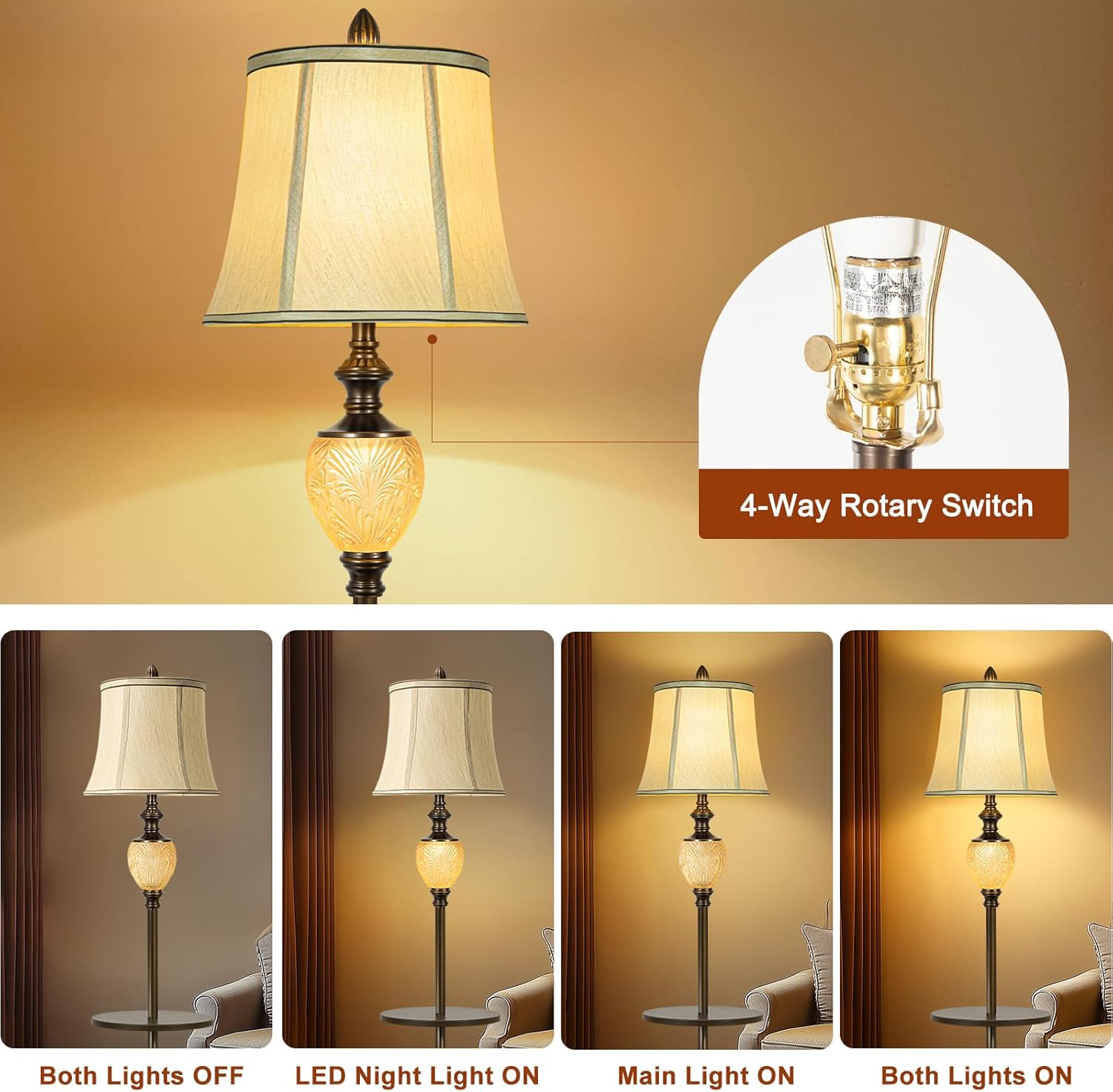 64'' Tray + 27'' Table Lamp Set of 2, Farmhouse Bedside Nightlight, Rustic Vintage Faux Silk Shade Decor