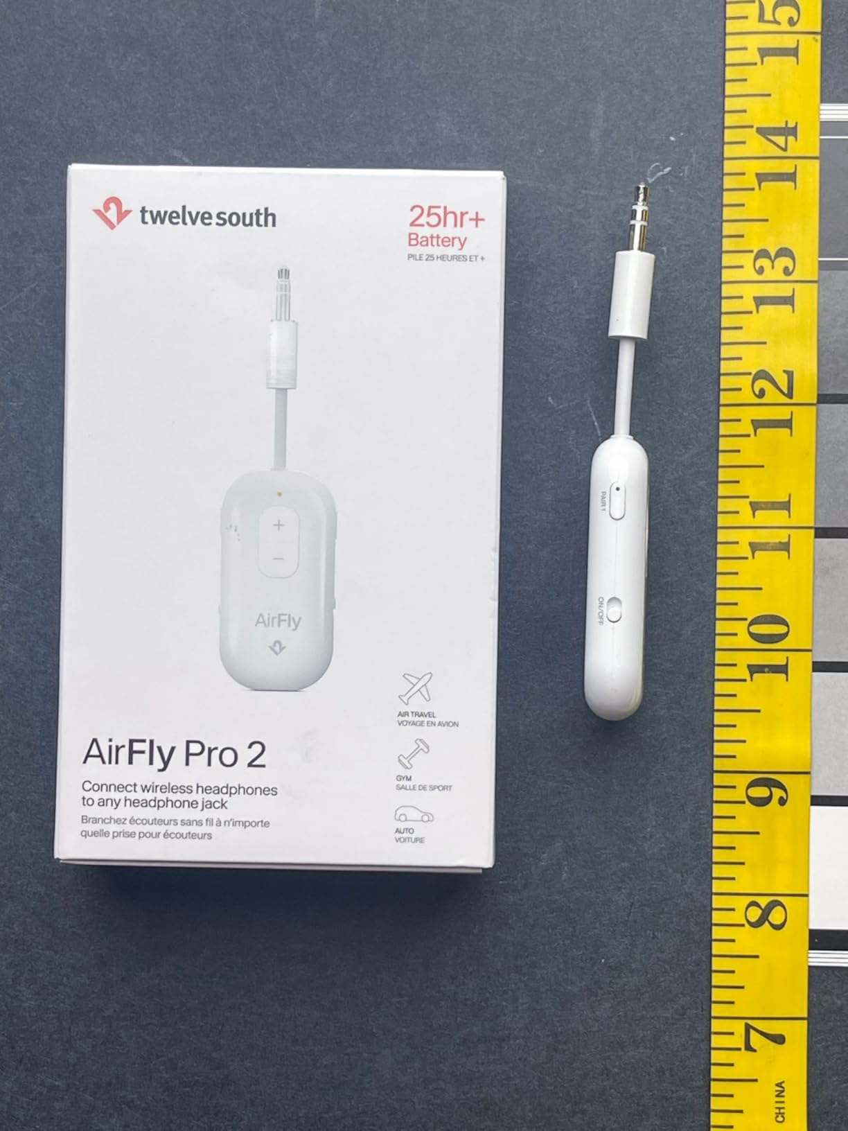 AirFly Pro 2 next to its box showing its height