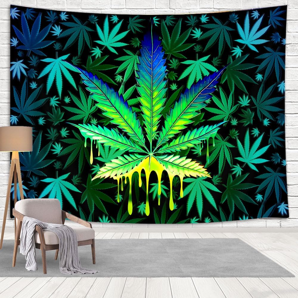 Lacoiime Green Psychedelic Hemp Leaf Tapestry, Psychedelic Weed Decoration for Living Room, Bedroom, Dormitory - 60 x 40 IN