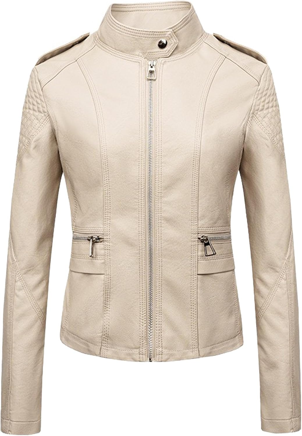 Women's Faux Leather Slim Fit Moto Blker Coat Lightweight Cropped Solid Coat Jacket Casual Stand Collar Outerwear