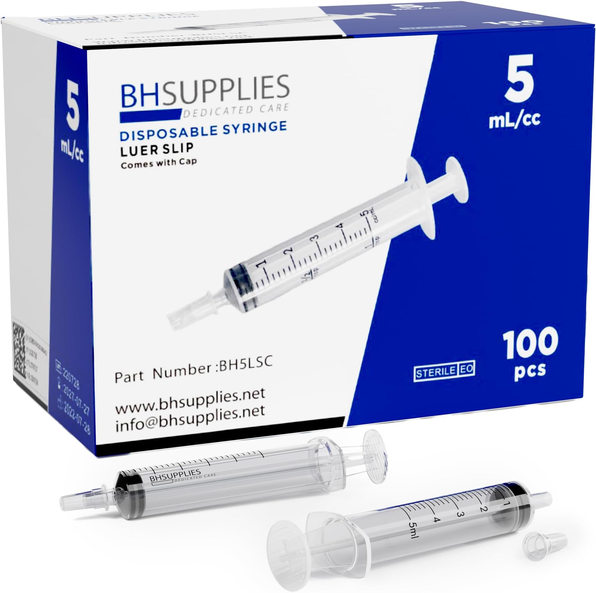 BH Supplies 5ml Oral Syringe with Cap (No Needle) - Sterile, Individually Wrapped - 100 Syringe