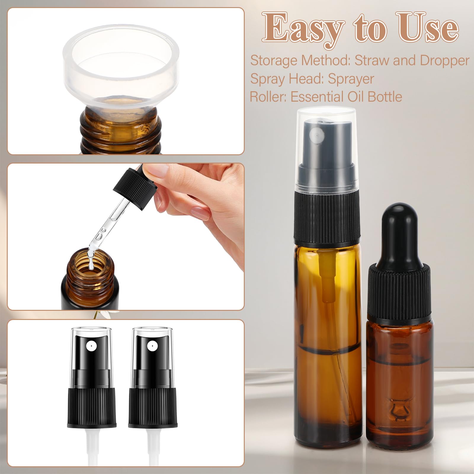 Roll on para Aceites Esenciales, 16 Pcs Botellas de Cristal Rellenable para Perfume 5ml/10ml con Bolas de Acero Inoxidable, Botella de Spray para Mezclas de Aromaterapia Masajes Viajar