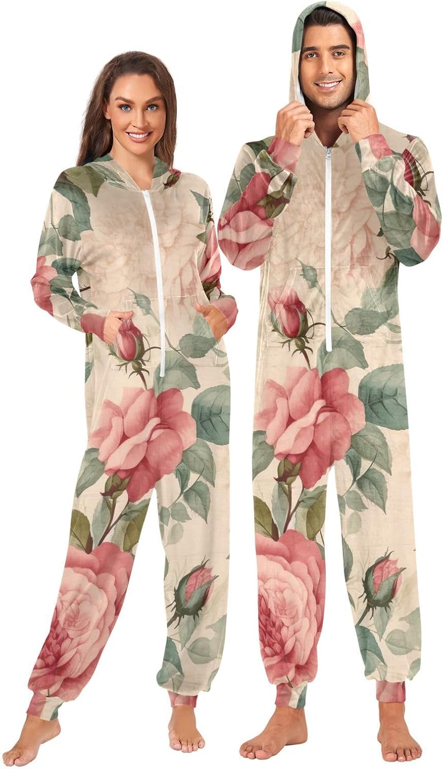 GAIREG Vintage Rose Pink Men's Women's Zipper Onesie Pjs, Christmas Pajama Onesie for Adults