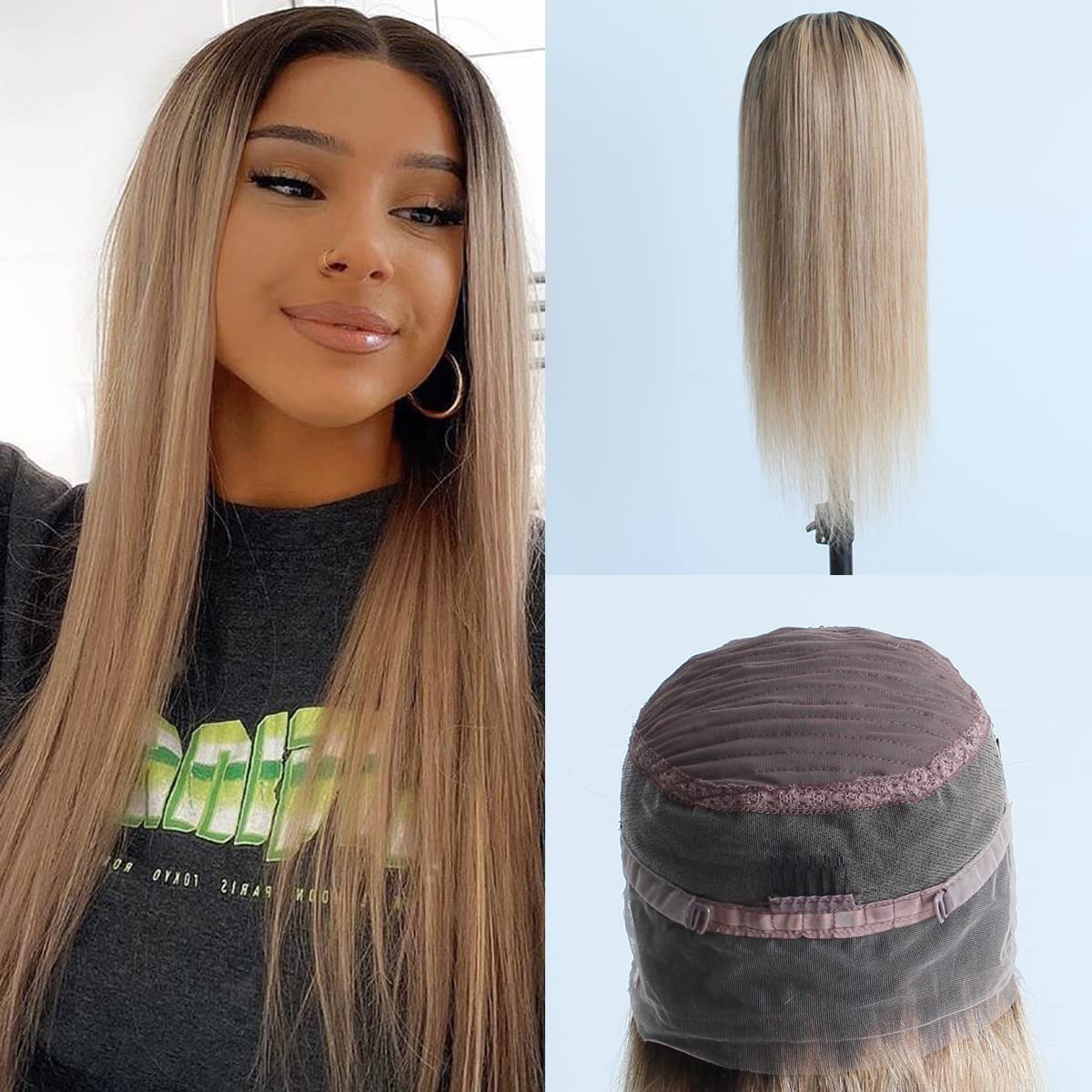 Pre-plucked Ombre #1B/27 Dark Root Honey Blonde 360 Lace Frontal Wigs Straight Glueless 150% Density Brazilian Virgin Human Hair With Baby Hair Full And Thick (14 Inch)